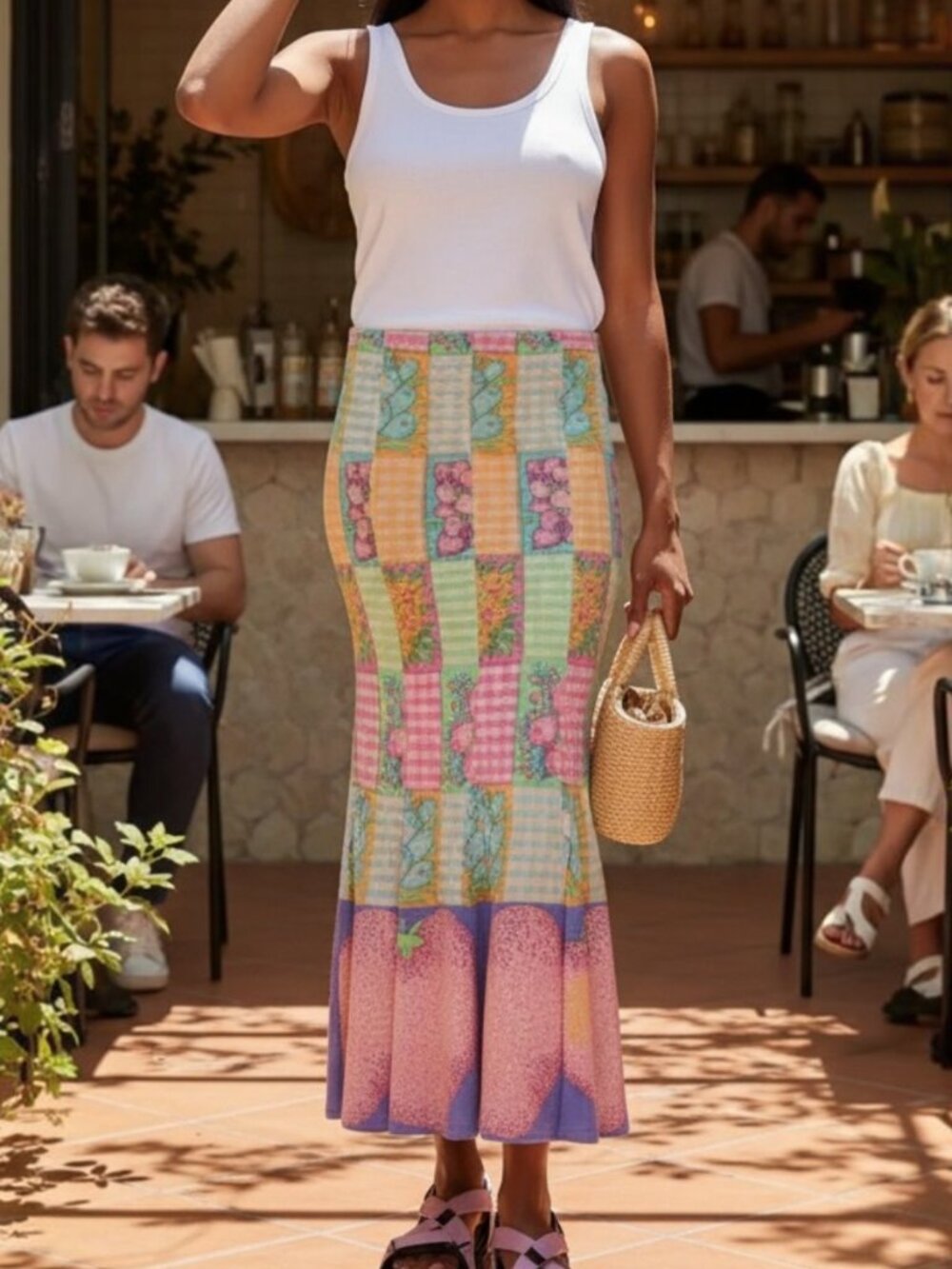 NWT ERL Mix Print Fluted Maxi Skirt Size L Pink Fruit Floral Gingham Designer